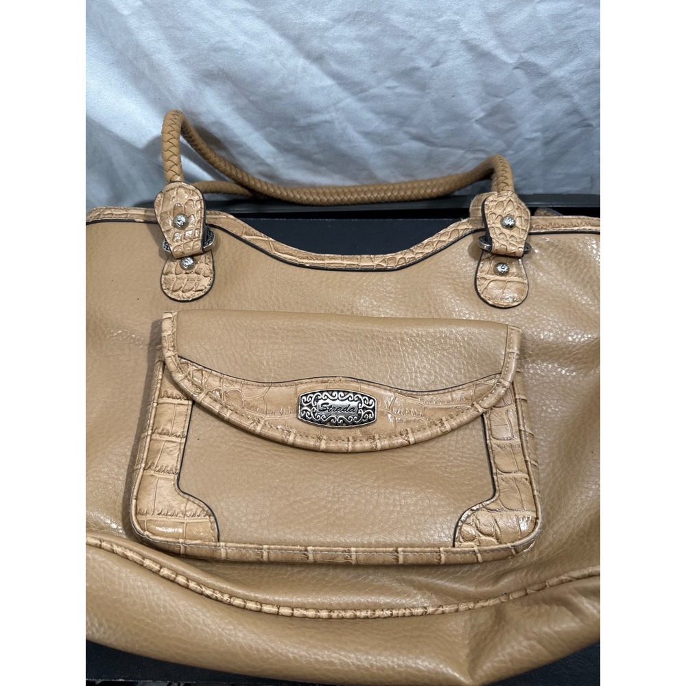 Strada Tan Pebbled Vinyl Shoulder Bag Faux Croc Trim Western Boho Tote Handbag